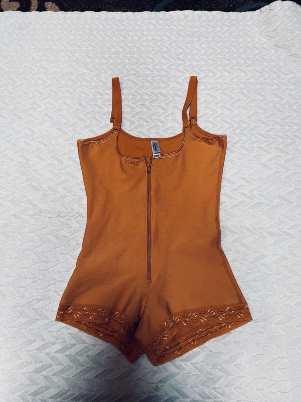 Women’s Bone  color Stretch One-Piece Romper with Front Zip and Lace Trim